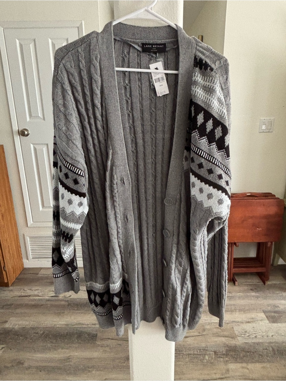 Lane Bryant Gray Cable Knit Cardigan with Black & White Pattern